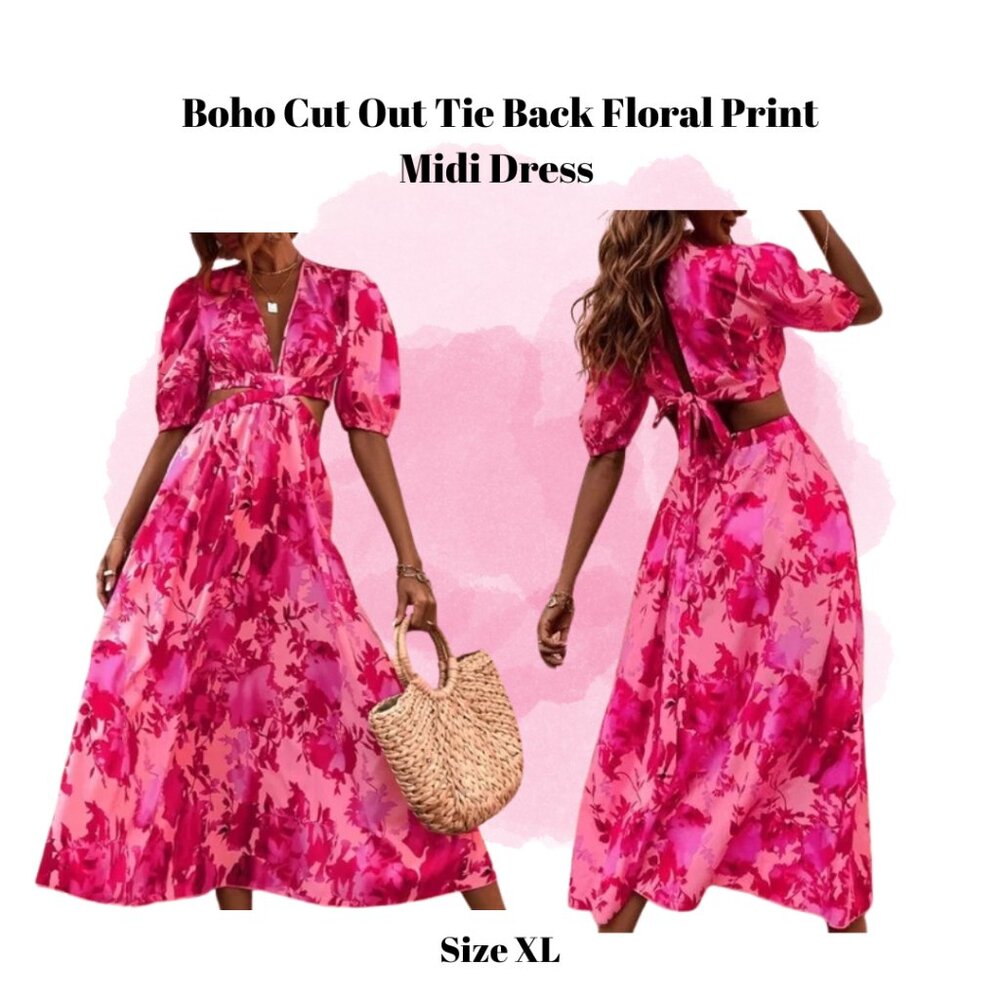 Women's Cut Out Tie Back Floral Print Midi Dress